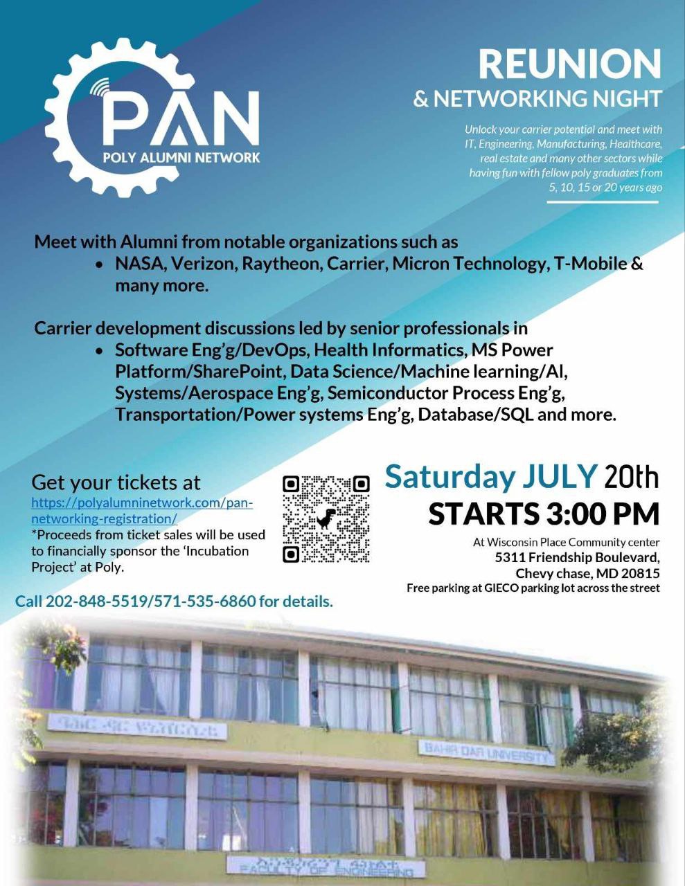 Poly Alumni Network (PAN) which is an alumni network registered in USA invites former graduates of Poly Technic Institute and BiT-BDU to participate in an alumni networking event hosted at Wisconsin Place Community Center (5311 Friendship Blvd, Chevy Chase, MD 20815)